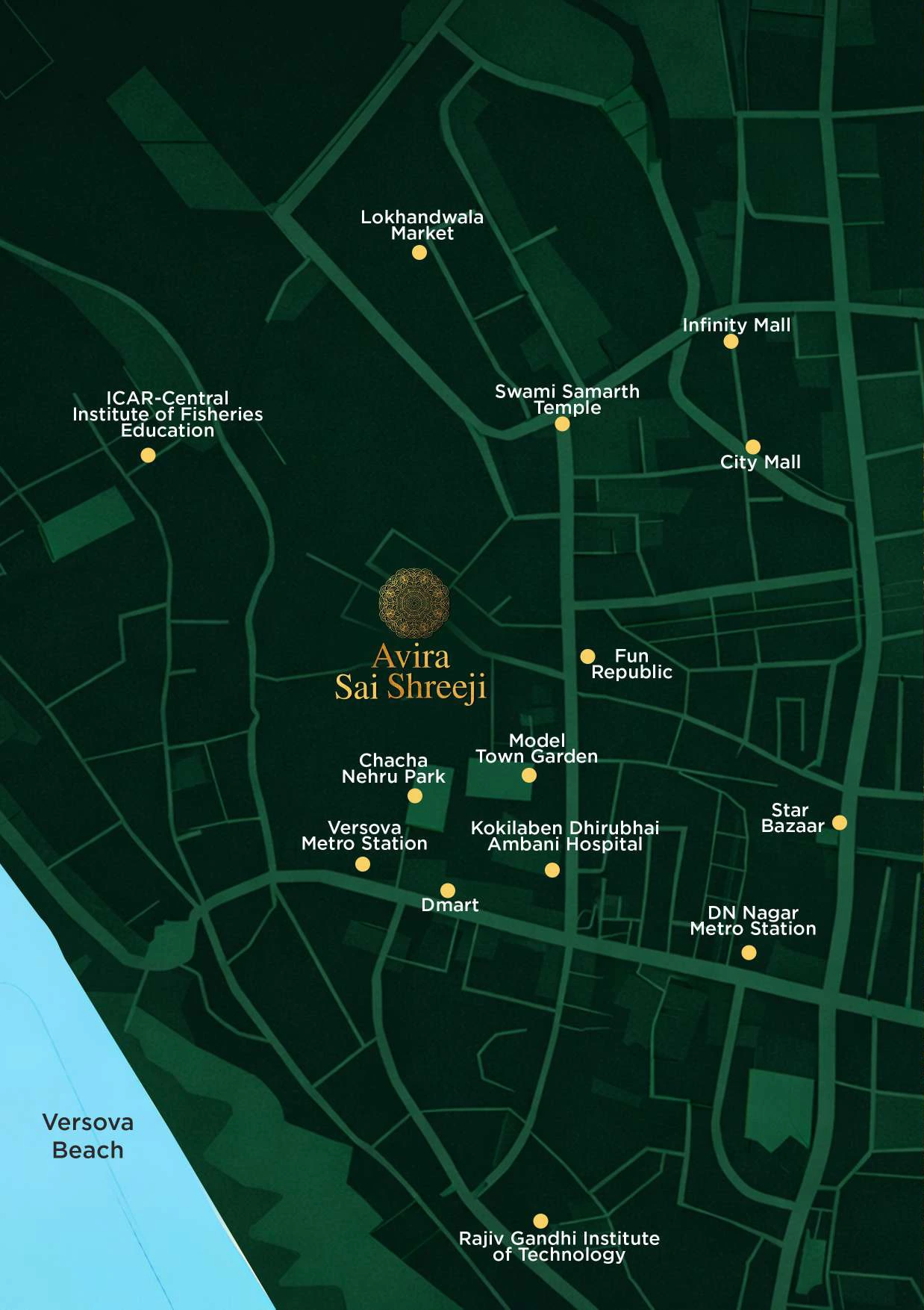 Avira Sai Shreeji location map, Model Town, Andheri West, with nearby metro stations, malls, parks and Kokilaben Hospital