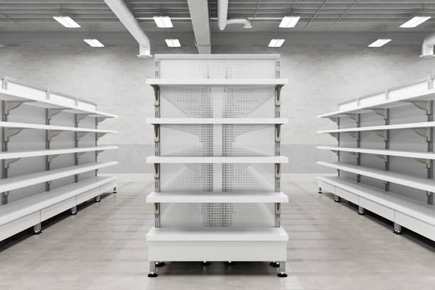 Supermarket interior with empty store shelves mock up. 3d render